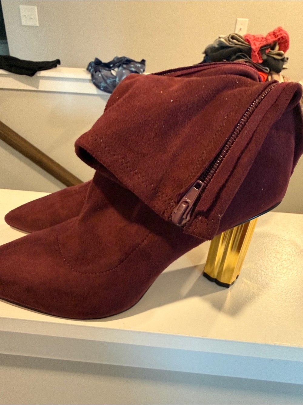 Women's Burgundy Suede Ankle Boots Gold Block Heel KATY PERRY HIGH BOOTIE 8 8 M